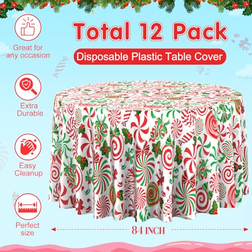 12Pcs Christmas Candy Cane Round Tablecloths - Red & Green 84 Inch Holiday Decor