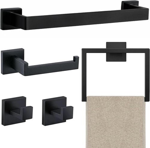 JOPOFI 5 Piece Bathroom Towel Bar Set - Matte Black SUS304 Stainless Steel Towel Holder | 15.7 Inch Wall Mounted Racks