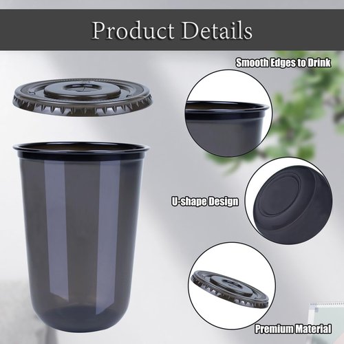 50 Set Disposable Stemless Glasses with Lids and Straws 16oz Plastic Cups Iced Coffee Cup Cold Party Plastic Wine Glasses Classic Cup for Birthday Wedding Cocktail Halloween Christmas Party (Black)