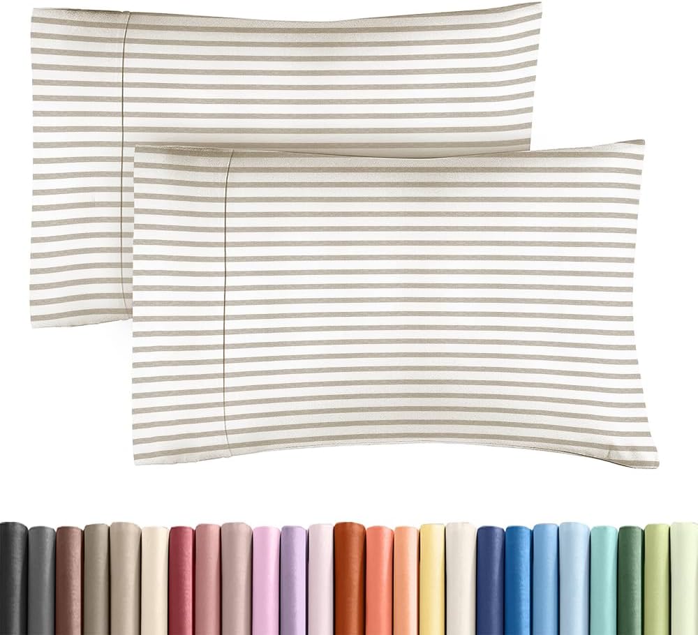 Standard Pillow Cases Set of 2 | Ultra-Soft Hotel Quality Covers - Comfy, Wrinkle-Free & Stain Resistant - Beige Stripes