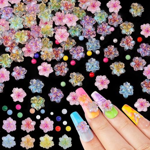300Pcs Flower Nail Charms Kit with 3D Cherry Resin Charms Pearls and Macaron Beads
