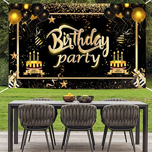 Black and Gold Happy Birthday Backdrop Banner - 70.8 x 47.2 inches