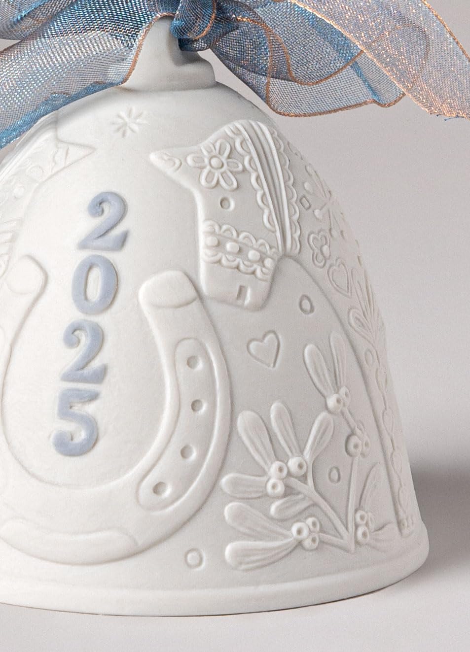 LLADRÓ Blue 2025 Christmas Bell. Decorative Ornament in Matte Porcelain with Blue Details. Porcelain Christmas Bell