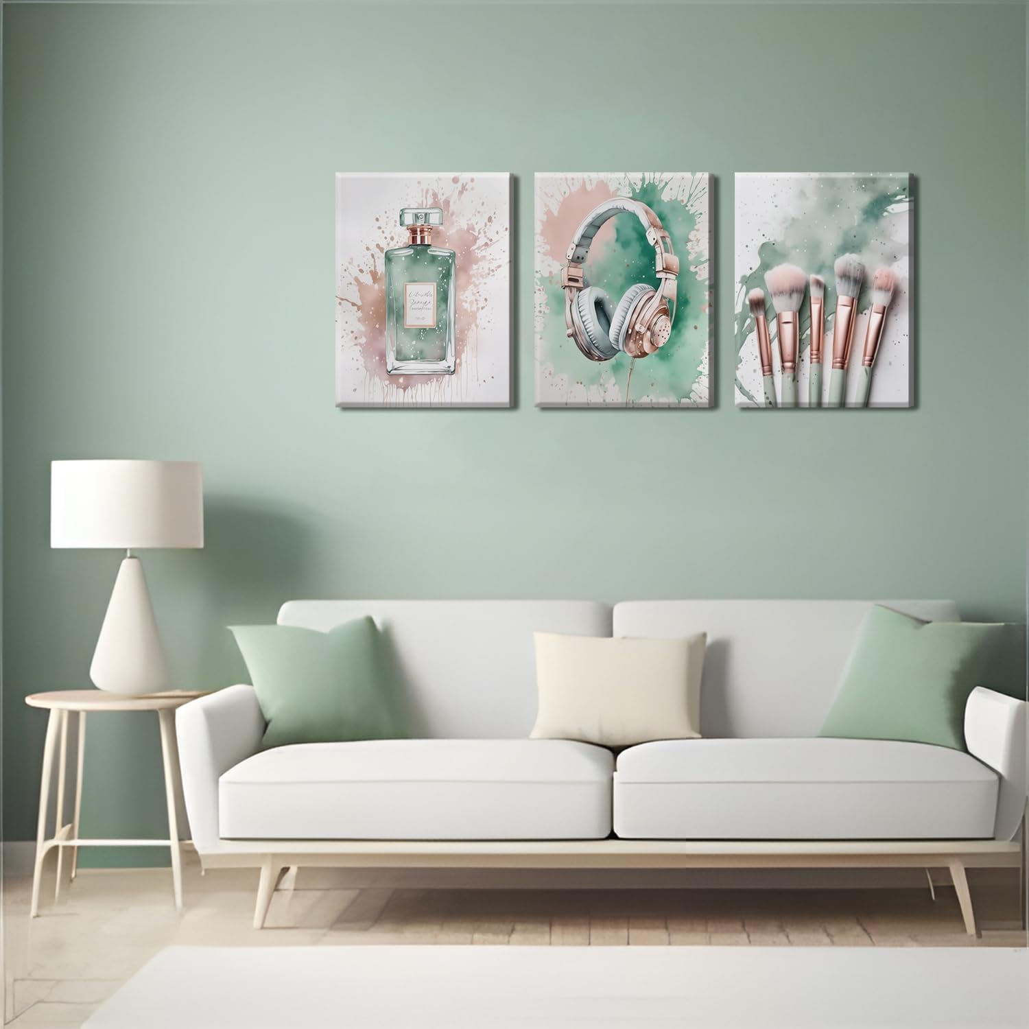 Skiennix Fashion Makeup Canvas Wall Art Set of 3 - Trendy Pink & Green Decor for Teen Girls | 12x16 Inch Framed