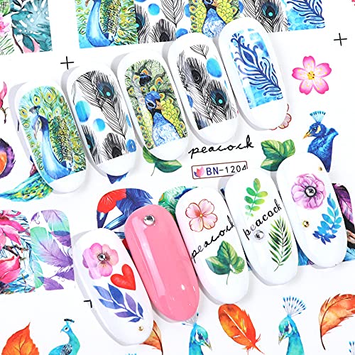 CHANGAR Peacock Feather Nail Stickers - 12 Sheets Water Transfer Decals
