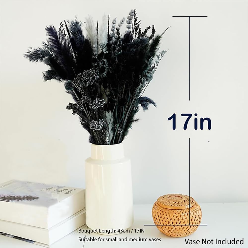 Natural Dried Pampas Grass Bouquet, 17" Black and Dark Grey Dried Flower Bouquet, Mixed with Thistle, Bohemian Style Home Dried Flower Decoration, DIY Assembly