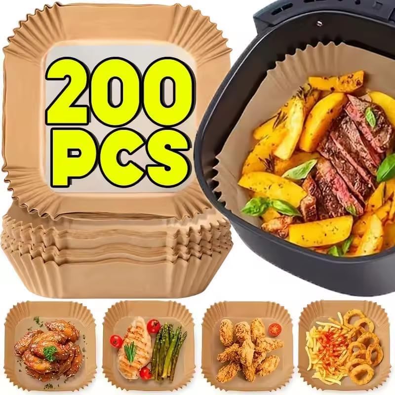 Skiennix Air Fryer Paper Liners - 200 Pcs Non-Stick & Leak-Proof 8" Square Parchment Liners