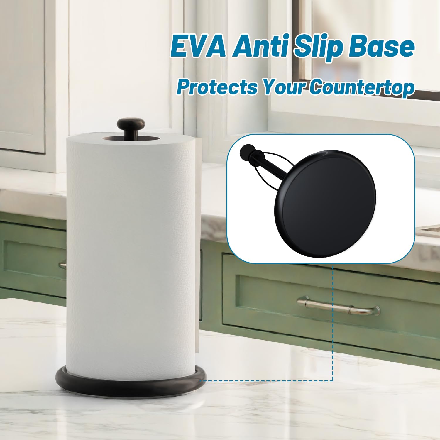 VEHHE Paper Towel Holder Countertop with Weighted Base, One-Handed Tear Paper Towel Holder with Damping Function and EVA Non-Slip Pad for Bathroom and Kitchen (Black)