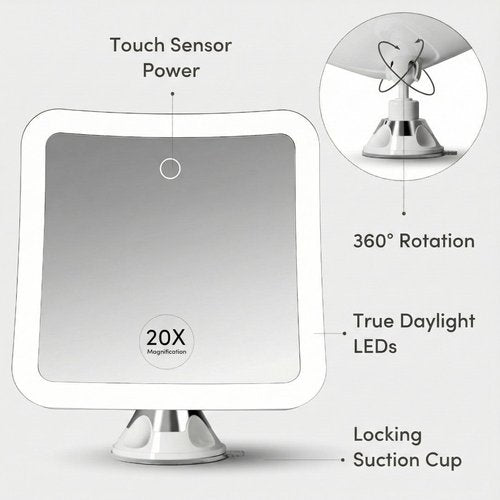 Fancii 20x Magnifying Makeup Mirror with LED Lights, Rechargeable, High Zoom | 7-inch Large Lighted Travel Mirror for Vanity and Bathroom, Dimmable, 3 Light Settings, Strong Suction, 360° Rotation