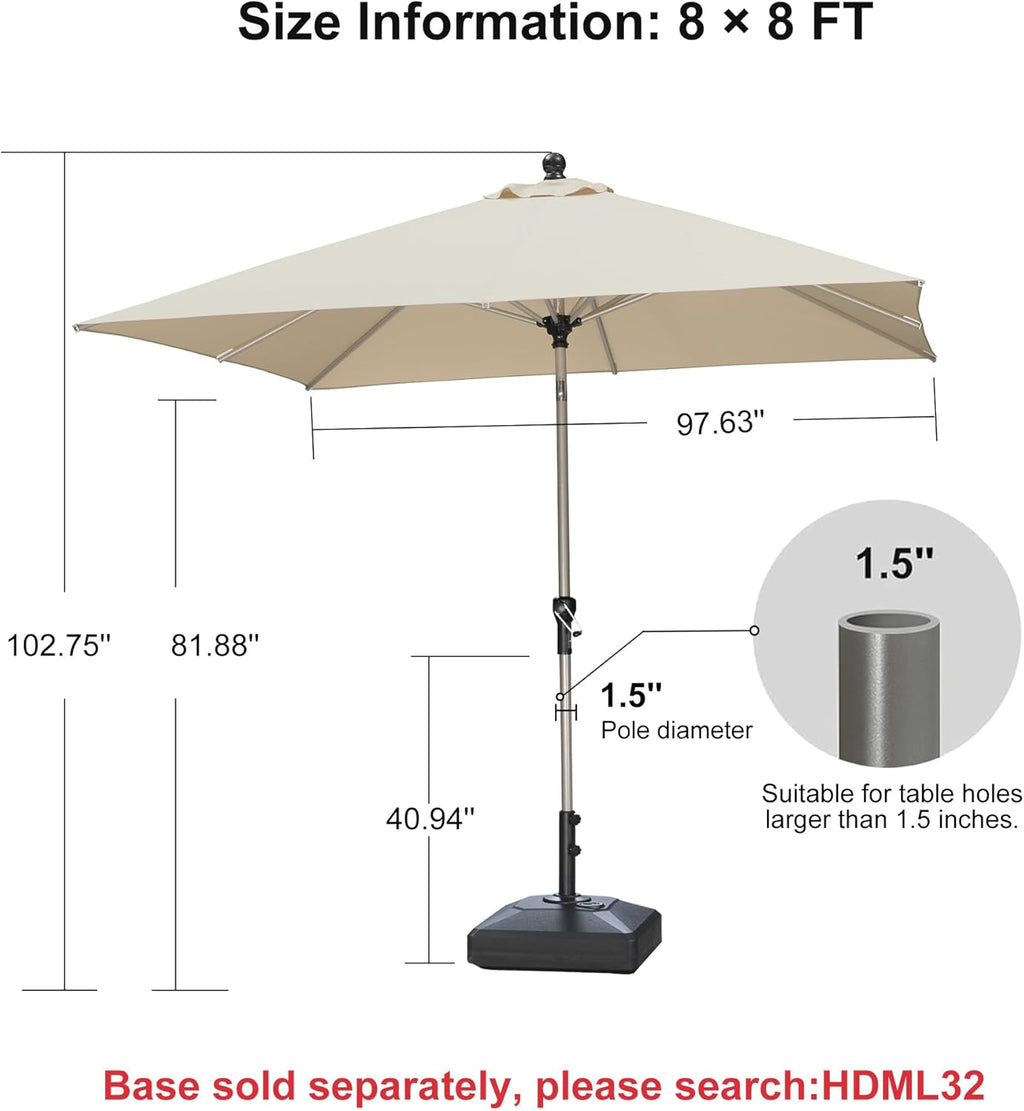 PURPLE LEAF 8' x 8' Square Patio Umbrella - Tilt Adjustment & Champagne Aluminum Frame for Outdoor Use
