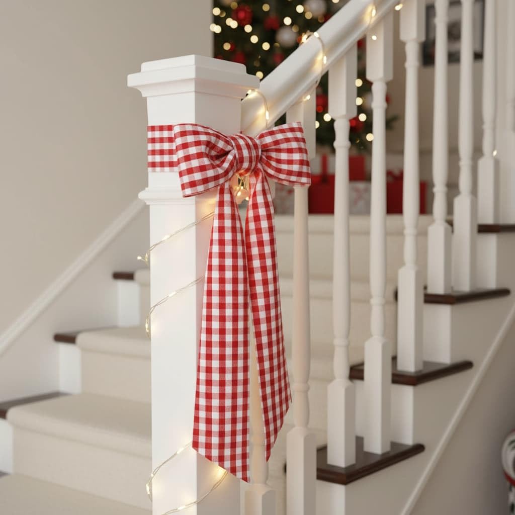 NUVCELKA Red White Plaid Wreath Sash Front Door Decoration, Blank Sash Christmas Valentine Wedding Holiday Party Bow Ribbon Accessories Indoor Outdoor Farmhouse Home Decor