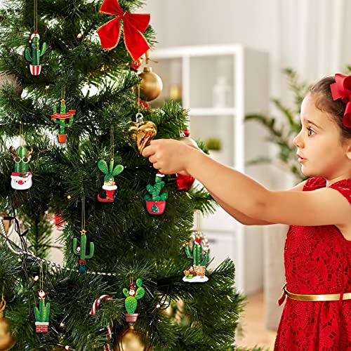 27 Pieces Christmas Tree Ornaments Set - Wooden Cactus with Santa Hat Decorations