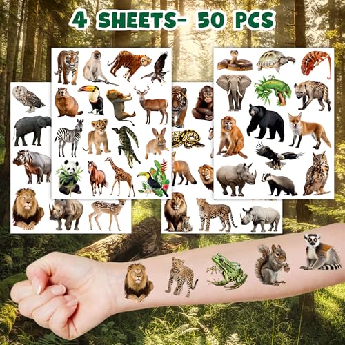 Jungle Animal Temporary Tattoos for Kids - 50 Pcs Safari Zoo Party Favors