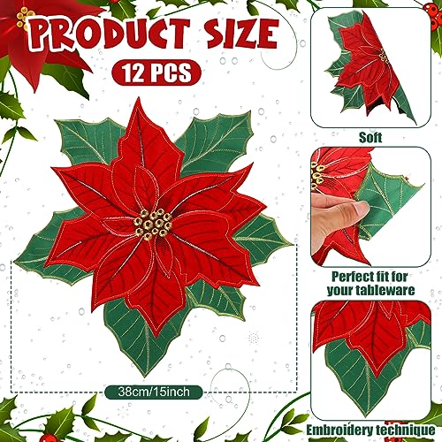 Christmas Embroidered Poinsettia Placemat Set 15x15 Inches for Holiday Dining