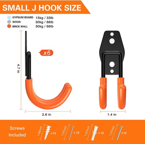 HUPBIPY Heavy Duty Garage Hooks - J Shaped Wall Mounted Storage System for Tools, Ladders & Bikes | 6 Pack