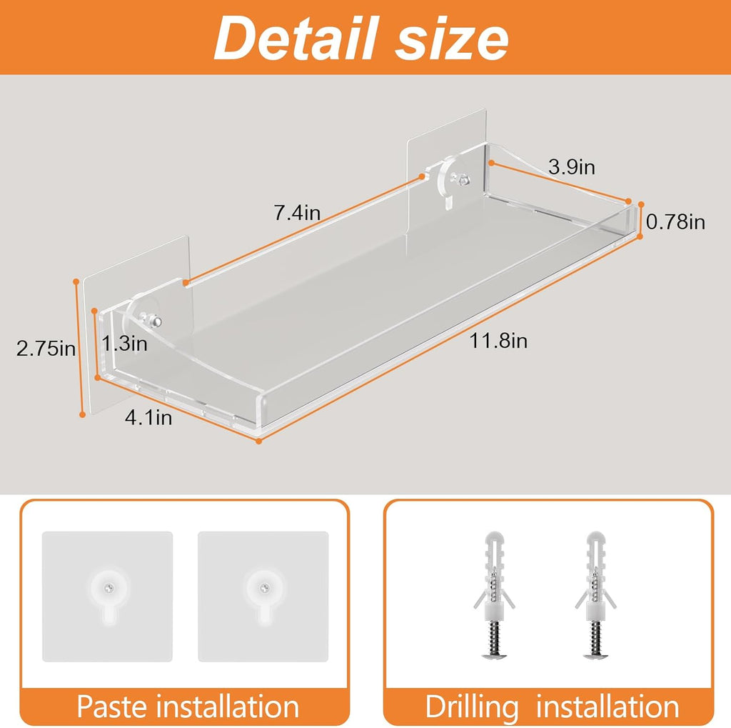 Skiennix Acrylic Floating Shelves - Clear Wall Organizer for Bathroom, Bedroom & Living Room | 3 Pack