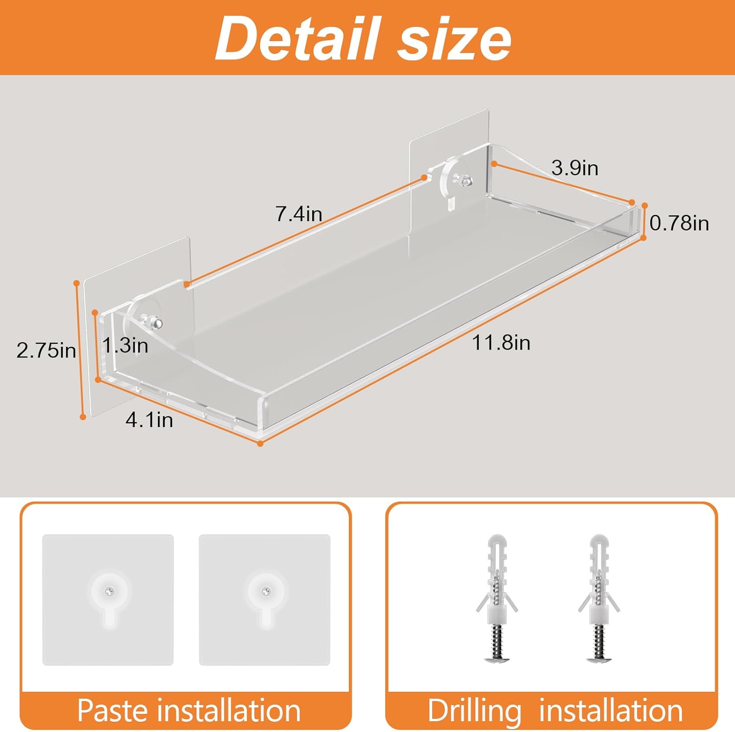 Skiennix Acrylic Floating Shelves - Clear Wall Organizer for Bathroom, Bedroom & Living Room | 3 Pack