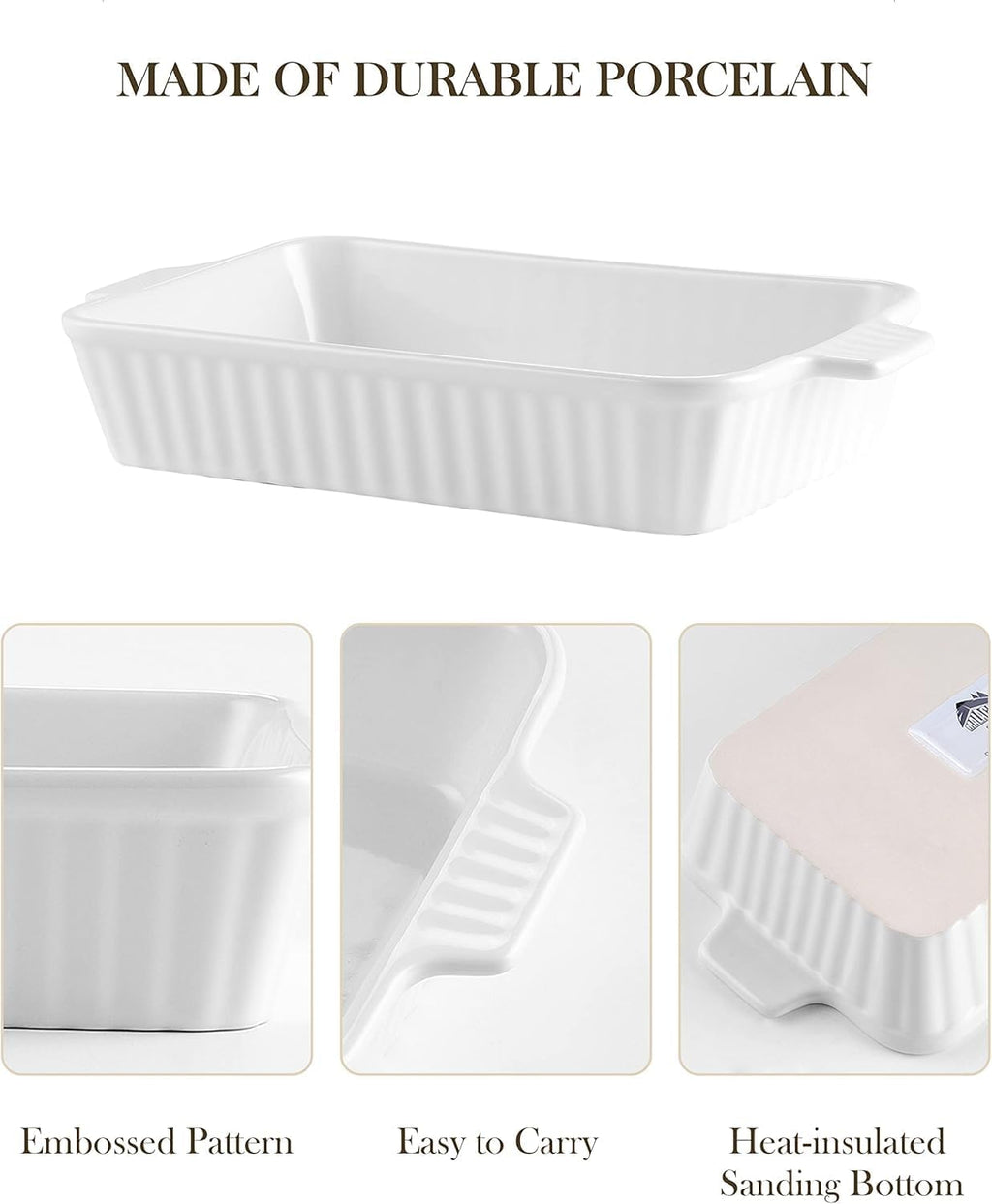 MALACASA Casserole Dishes - Porcelain Bakeware Set of 4 with Handles for Oven Baking | White Rectangular Pans (9.4"/11.1"/12.2"/14.7")
