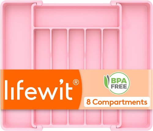 Lifewit Expandable Silverware Drawer Organizer - BPA-Free Utensil Tray for Kitchen | Adjustable Pink Storage (10.9"-17.5" x 13.7")