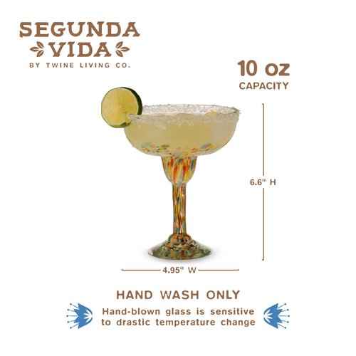 Twine Segunda Vida Artistico Margarita Bar Glasses, Mexican Margarita Glasses Margarita Set Home Cocktail Bar Gifts, 100% Recycled Glass, Multicolor 10oz Set of 2