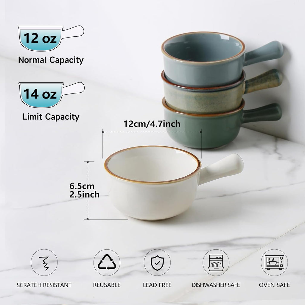 MONITO 26 Oz French Onion Soup Bowls, Ceramic Soup Bowls with Handles, Stackable Soup Crocks, Oven/Microwave/Dishwasher Safe, for Cereal, Soups, Casseroles