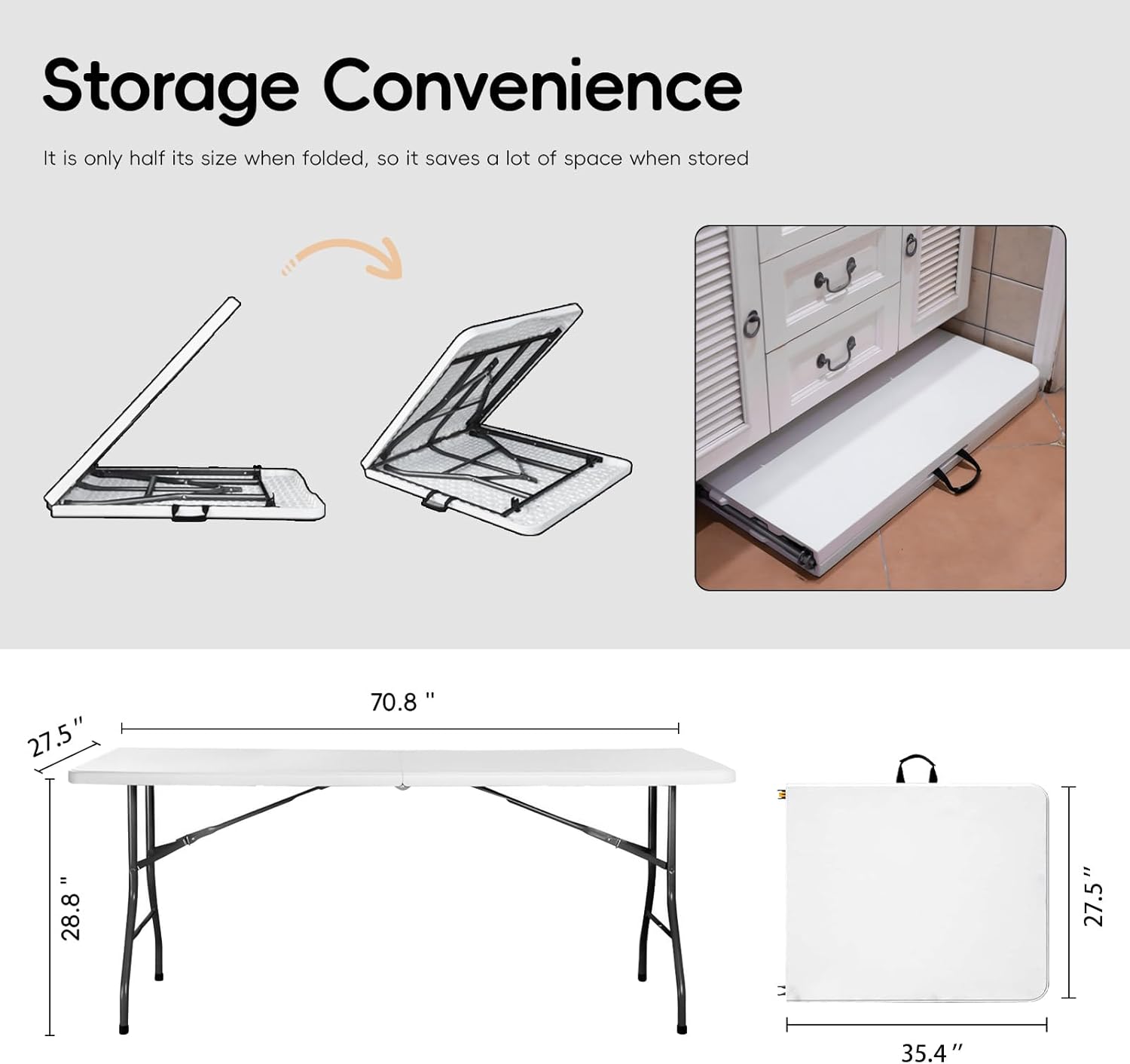 Pollilar 6FT Folding Table - Portable HDPE Banquet Table for Meetings, Picnics, and Events | White