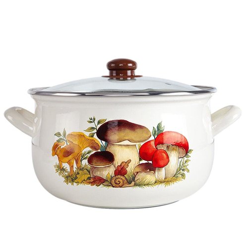 Enamel Aluminum Casserole & Colander Pasta Set with Complimentary Cotton Kitchen Towel & Spatula 1 pot, 1 glass lid, 1 colander (Mushrooms)