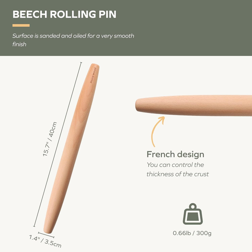 Muso Wood French Rolling Pin - Beech Wood Tapered Design for Baking | 15.75-Inch Length