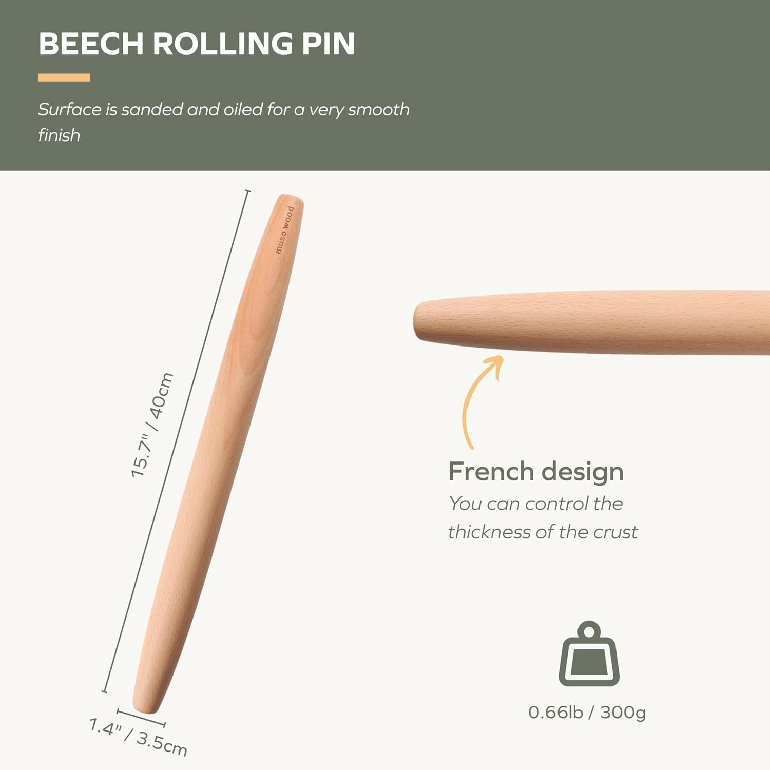 Muso Wood French Rolling Pin - Beech Wood Tapered Design for Baking | 15.75-Inch Length