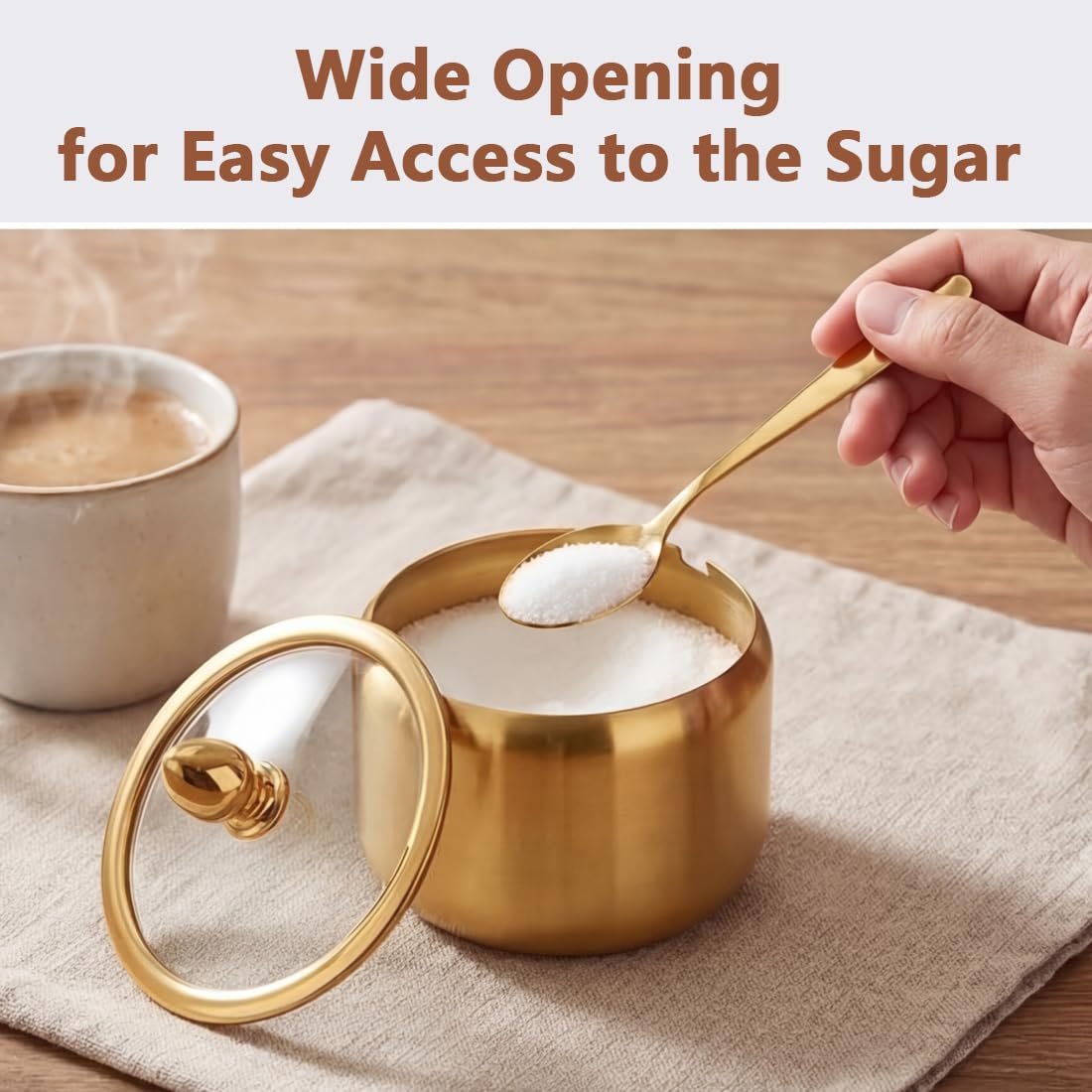 Phininia Coffee Bar Accessories Sugar Container with Glass Lid and Spoon, 10oz Gold Sugar Bowl for Kitchen Storage, Sugar Jar for Salt, Candy, Coffee Bean, Gold