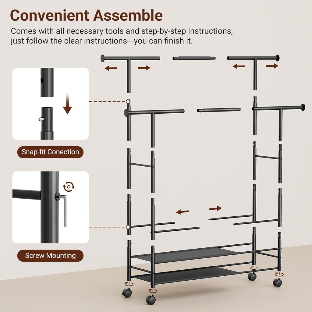 Sleeping Lamb Double Rod Clothes Rack - Sturdy Portable Garment Rack with 3-Tier Shelves | Black