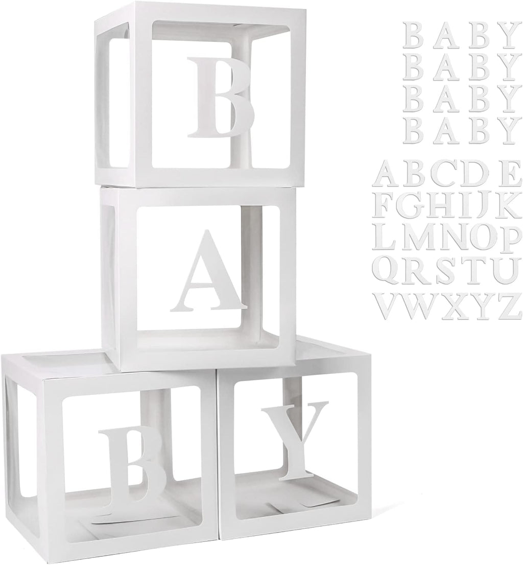 Voircoloria Baby Boxes - 42-Piece Letter Set for Baby Shower & Gender Reveal | Clear Balloon Box (White)