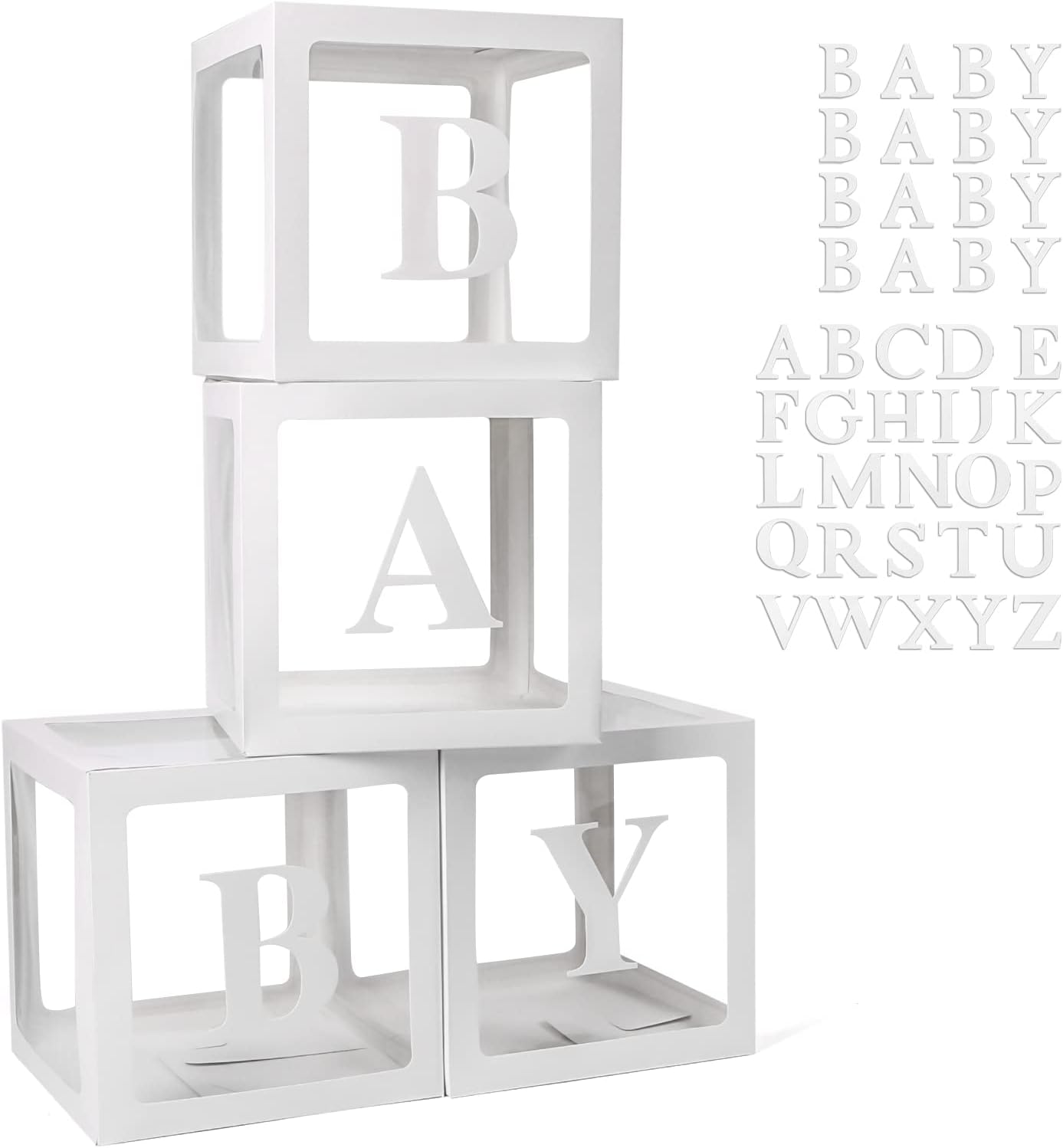 Voircoloria Baby Boxes - 42-Piece Letter Set for Baby Shower & Gender Reveal | Clear Balloon Box (White)