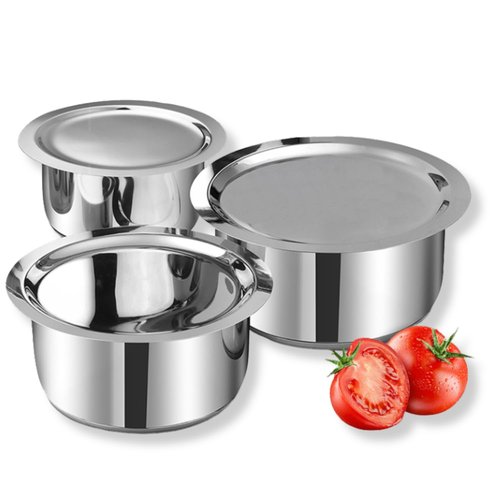 Vinod Stainless Steel 3 pc Pot Set with Capacity of 1.4 litres, 1.8 litres & 2.2 litres with Stainless Steel Lids (Gas Stove and Induction Friendly) - Silver,