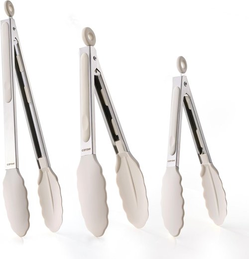 CAROTE Kitchen Tongs Set - Heat Resistant Stainless Steel with Non-Scratch Silicone Tips | 3 Sizes (7", 9", 12")