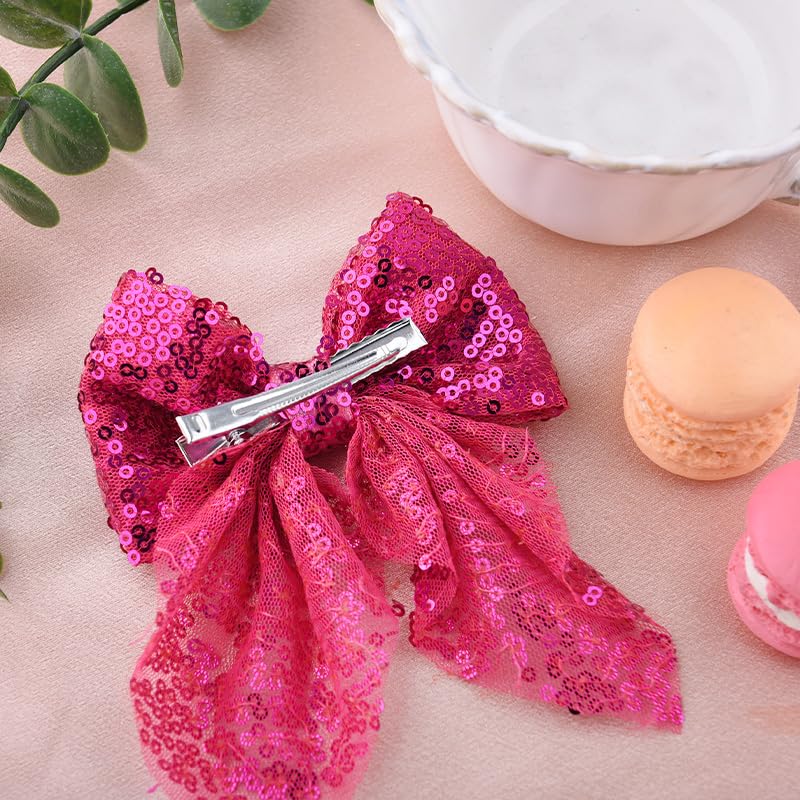 Pliwcas Hot Pink Glitter Hair Bow Clip for Women and Girls