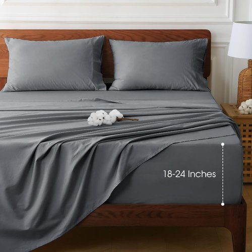HYPREST Queen Sheet Set - Extra Deep Pocket 100% Cotton, Soft & Wrinkle-Free, Grey | Fits 18"-24" Mattresses