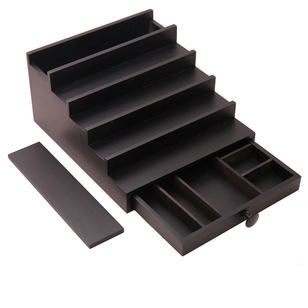 Fengligoo 5 Tier Cologne Organizer for Men - Wooden Black Cologne Perfume Display Stand with Drawer and Hidden Compartment, Mens Cologne Holder Shelf for Organizing and Storing