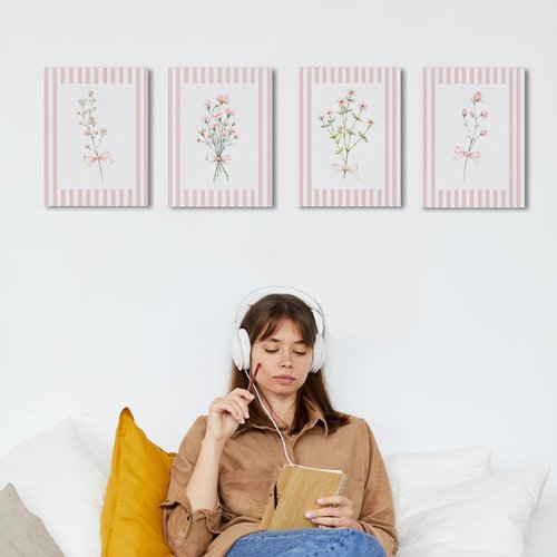 JINYO Floral Canvas Wall Art Set - Coquette Pink Bow Design | Framed 8x10 Inch Decor for Girls' Room