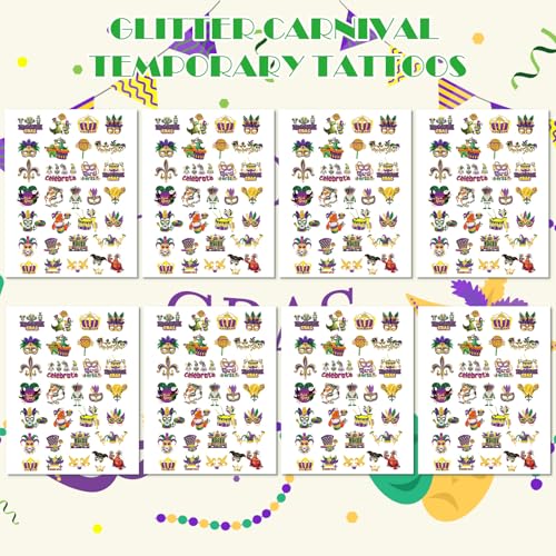 Mardi Gras Temporary Tattoos 8 Sheets 200+ Fat Tuesday Party Favors