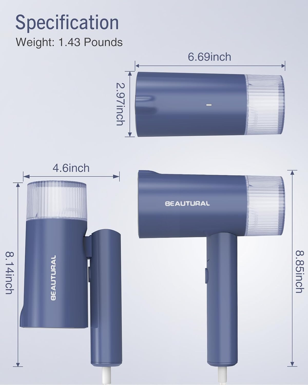 Beautural Portable Clothes Steamer - Fast 30s Heat-Up, Handheld & Foldable Design, Blue