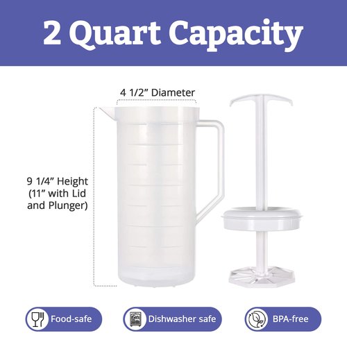 JBK Pottery 2-Quart White Mixing Pitcher with Plunger – BPA-Free Plastic Jug for Juice, Milk, Tea, Shakes, and More – Dishwasher-Safe, Spill-Proof Lid, Smart Stirring Design, 2 Pack