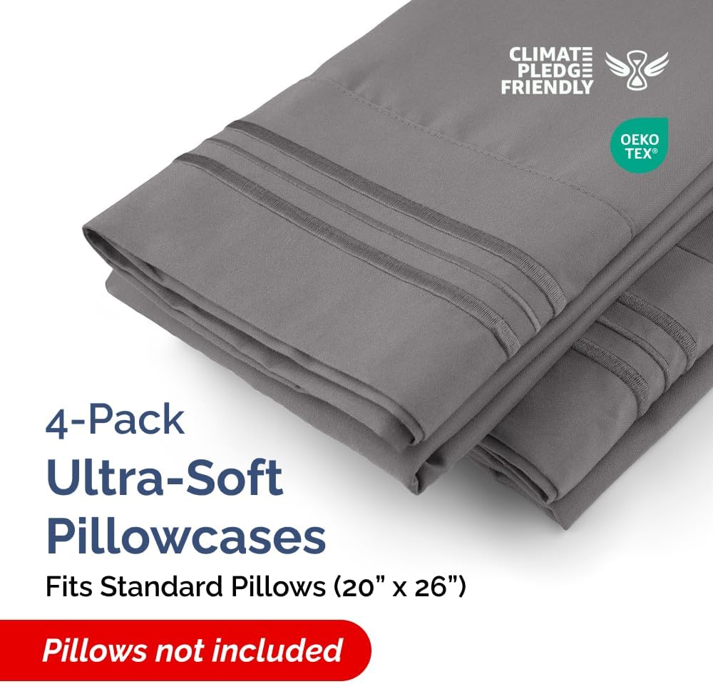 Standard Pillow Cases Set of 4 | Ultra Soft Hotel Quality Covers - Comfy Bedding in Dark Grey