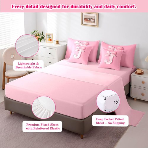 jejeloiu Pink Bowknot Bed Set, Twin Size, Decor Personalized Teen Girl Gifts Ultra Soft Initial Letter J 7 Pieces Beeding Set, Girly Romantic Bed in a Bag with Comforter, Sheets, Pillowcases