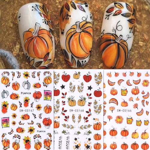 LYLYNB Fall Nail Stickers 6 Sheets Thanksgiving Pumpkin Maple Leaves Decals