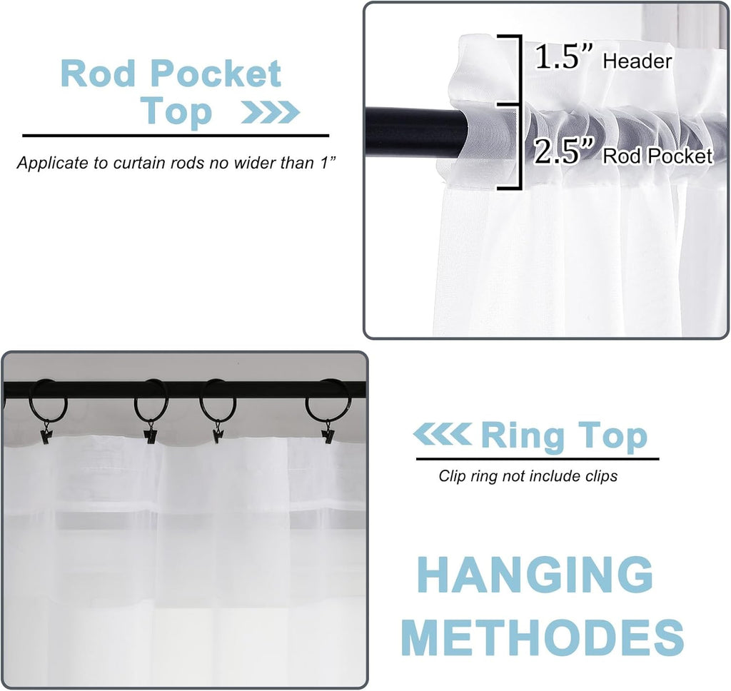 OWENIE Sheer Curtains - 84-Inch Long Rod Pocket Voile Drapes for Living Room/Bedroom | White, 2 Panels