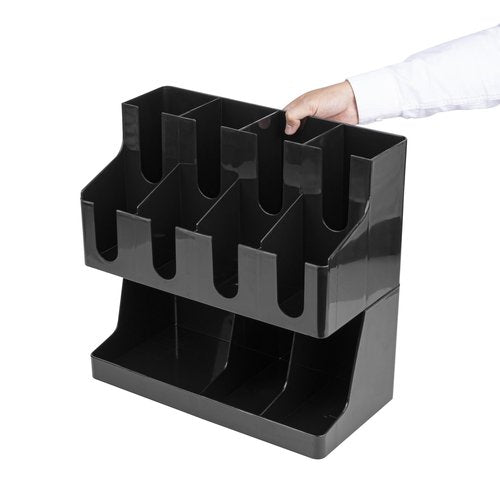 Restaurantware Restpresso Coffee Bar Organizer, 1 Count Durable 11 Compartments, Compact Size, Black Plastic Tabletop Coffee Supplies Organizer For Homes, Office Spaces, Breakrooms, and Lounges