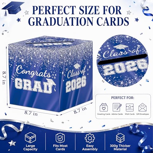 Blue Silver Graduation Card Box - 2026 Glitter Party Decor 8.7"