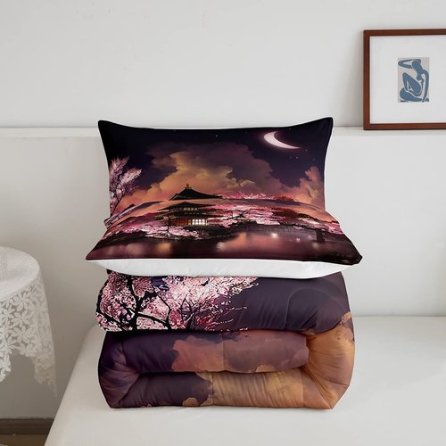 Homewish Japanese Style Comforter Set Queen Size Moon Cherry Blossom Bedding 3pcs Romantic Night Sky Scenery Quilt,Room Decor Exotic Pink Duvet Insert,2 Pillowcases ZZRS896ZMD-BZ_USq