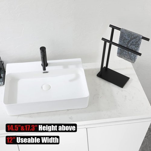 JQK Hand Towel Holder Stand Black, Modern Tree Rack Free Standing for Countertop with 12 Inch 2 Bars, 304 Stainless Steel Matte Black 9.45x5.12 Inch Base, HTT172-PB